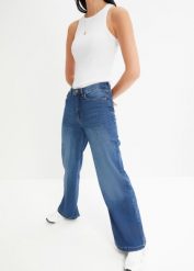Dżinsy High Waist Wide Leg, z bawełny organicznej. Niebieskie jeansy damskie bonprix, bez wzorów, z bawełny, z podwyższonym stanem. Za 144.99 zł.