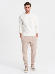 Spodnie męskie dresowe CARROT ze strukturalnej dzianiny - beżowe V2 OM-PASK-0143 - XXL. Brązowe spodnie sportowe męskie Ombre Clothing, m, bez wzorów, z bawełny. W wyprzedaży za 69.99 zł.