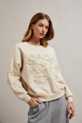 Bluza z aplikacją beżowa. Brązowe bluzy damskie MOODO, s, z aplikacjami, z bawełny, bez ramiączek, bez kaptura. W wyprzedaży za 79.99 zł.