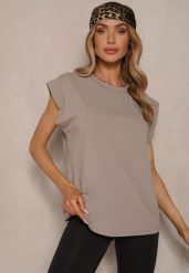 Brązowy Top z Bawełny Ozdobiony Falbanką Galanetia. Brązowe topy damskie Renee, bez wzorów, z bawełny, klasyczne, bez kołnierzyka, bez ramiączek. Za 44.99 zł.