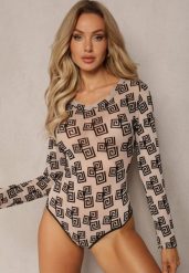 Ciemnobeżowe Body z Siateczki w Geometryczny Print Loreali. Brązowe body Renee, bez wzorów. Za 39.99 zł.