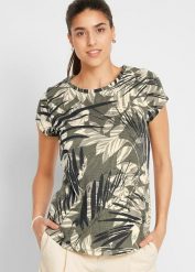 T-shirt z bawełny z nadrukiem i minirękawkami. Zielone t-shirty damskie bonprix, bez wzorów, z bawełny, bez kołnierzyka, bez ramiączek. Za 44.99 zł.
