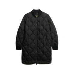 Damska długa kurtka Superdry. Czarne kurtki sportowe damskie Superdry, bez wzorów, z puchu, bez ramiączek, bez kaptura, trekkingowe. W wyprzedaży za 468.05 zł.