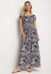 Granatowa Bawełniana Sukienka z Abstrakcyjnym Wzorem i Gumką w Pasie Orralisa. Niebieskie sukienki damskie Born2be, na co dzień, l, bez wzorów, z bawełny, eleganckie, bez kołnierzyka, bez ramiączek, midi, proste. Za 49.99 zł.