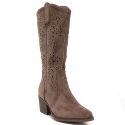 Kozaki ażurowe kowbojki fango eVento 595. Kozaki damskie eVento, z aplikacjami, ze skóry ekologicznej, bez obcasa, bez zapięcia. Za 179.99 zł.