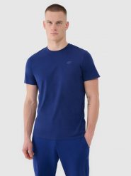 4F T-shirt regular gładki męski - granatowy L. Niebieskie t-shirty męskie 4F, l, bez wzorów, z bawełny, bez kołnierzyka, bez ramiączek. W wyprzedaży za 39.99 zł.