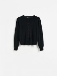 Kardigan z wełną - czarny. Czarne kardigany damskie Reserved, l, bez wzorów, z dzianiny, bez kołnierzyka. Za 139.99 zł.