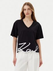 KARL LAGERFELD T-Shirt A2W17112 Czarny Regular Fit. Czarne t-shirty damskie KARL LAGERFELD, xs, bez wzorów, z bawełny, bez kołnierzyka, bez ramiączek. Za 209.99 zł.