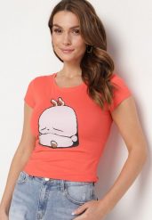 Pomarańczowy Bawełniany T-shirt z Ozdobnym Nadrukiem Ianestra. Brązowe t-shirty damskie Born2be, m, bez wzorów, z bawełny, bez kołnierzyka, bez ramiączek. Za 34.99 zł.