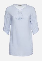 Jasnoniebieska Wiązana Tunika Ozdobiona Troczkami Eviras. Niebieskie tuniki damskie Born2be, xl, z aplikacjami, z jeansu, eleganckie, bez ramiączek. Za 44.99 zł.
