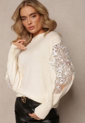 Jasnobeżowy Dzianinowy Sweter z Ozdobną Wstawką z Siateczki i Koralikami Isadorra. Brązowe swetry nierozpinane damskie Renee, bez wzorów, z dzianiny, casualowe, bez kołnierzyka, bez ramiączek. Za 169.99 zł.