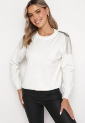 Biały Sweter z Wiskozy z Pagonami w Cyrkonie i Łańcuszkami Trianna. Białe swetry nierozpinane damskie Born2be, bez wzorów, z tkaniny, bez kołnierzyka, bez ramiączek. Za 129.99 zł.
