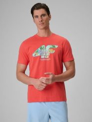4F T-shirt regular z nadrukiem męski - koralowy S. Czerwone t-shirty męskie 4F, m, bez wzorów, z bawełny, bez kołnierzyka, bez ramiączek. Za 69.99 zł.