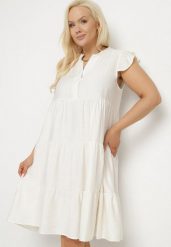 Jasnobeżowa Sukienka o Rozkloszowanym Kroju z Dekoltem w Serek Meverina. Brązowe sukienki damskie Born2be, na co dzień, uniwersalny, z aplikacjami, eleganckie, bez kołnierzyka, bez ramiączek, midi, proste. Za 64.99 zł.