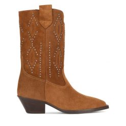 Kowbojki Badura. Brązowe botki damskie Badura, bez wzorów, bez obcasa, na słupku, bez zapięcia. Za 339.99 zł.