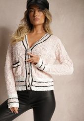 Różowy Kardigan z Wiskozą na Guziki z Paskami Liathalie. Czerwone kardigany damskie Renee, bez wzorów, z jeansu, eleganckie, bez kołnierzyka. Za 99.99 zł.