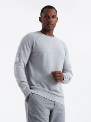 Sweter męski raglanowy z prążkowanymi rękawami – szary melanż V3 OM-SWSW-0144 - XXL. Szare swetry męskie Ombre Clothing, m, z aplikacjami, z bawełny, bez kołnierzyka, bez ramiączek. W wyprzedaży za 79.99 zł.