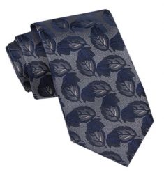 Modny Męski Krawat - Alties - Popielaty w Liście, Granatowe Akcenty. Niebieskie krawaty i muchy Alties, bez wzorów, z tkaniny, eleganckie. Za 49.00 zł.