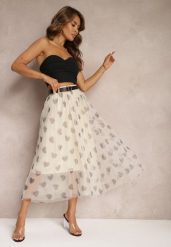Beżowa Tiulowa Rozkloszowana Spódnica Plisowana z Aplikacjami Serc i Gumką w Pasie Missari. Brązowe spódnice damskie Renee, na co dzień, l, z aplikacjami, z tiulu, eleganckie, midi, plisowane. Za 44.99 zł.