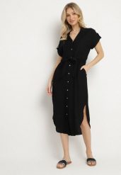 Czarna Wiskozowa Rozkloszowana Sukienka Koszulowa z Materiałowym Paskiem Katessae. Czarne sukienki damskie Born2be, na co dzień, na lato, m, bez wzorów, z materiału, eleganckie, bez kołnierzyka, bez ramiączek, midi, koszulowe. Za 109.99 zł.