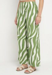Zielono-Białe Szerokie Spodnie z Wysokim Stanem z Paskami Lisavitia. Zielone spodnie materiałowe damskie Born2be, bez wzorów, z jeansu, eleganckie, z podwyższonym stanem. Za 44.99 zł.
