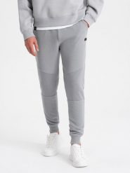 Męskie spodnie dresowe ze wstawkami z tkaniny ottoman - szare V5. Szare spodnie sportowe męskie Ombre Clothing, m, bez wzorów, z bawełny. W wyprzedaży za 69.99 zł.