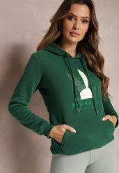 Zielona Bluza z Kapturem i Ozdobnym Nadrukiem Kliorre. Zielone bluzy damskie Renee, l, bez wzorów, casualowe, bez ramiączek, z kapturem. Za 79.99 zł.