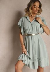 Jasnozielona Koszulowa Sukienka Ozdobiona Falbankami i Guzikami Tenelora. Zielone sukienki damskie Renee, na co dzień, bez wzorów, eleganckie, bez kołnierzyka, bez ramiączek, midi, koszulowe. Za 54.99 zł.