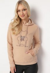 Beżowa Klasyczna Bluza z Polarem i Kapturem Wkładana Przez Głowę i Ozdobiona Nadrukiem Lettora. Brązowe bluzy damskie Born2be, xl, bez wzorów, z polaru, casualowe, bez ramiączek, z kapturem. Za 84.99 zł.
