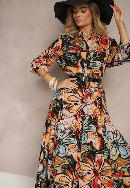 Granatowo-Pomarańczowa Wiskozowa Sukienka Koszulowa w Kwiaty z Guzikami przy Rękawach Enayira. Niebieskie sukienki damskie Renee, na co dzień, l, bez wzorów, z wiskozy, eleganckie, bez kołnierzyka, bez ramiączek, maxi, koszulowe. Za 99.99 zł.