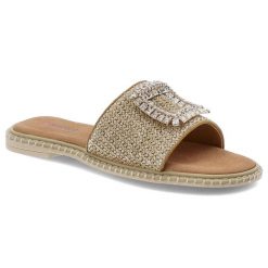 Brązowe Klapki Artiker Modne Obuwie Damskie Z Cyrkoniami. Brązowe klapki damskie Artiker, na lato, z aplikacjami, z jeansu, eleganckie, bez obcasa, bez zapięcia. Za 129.00 zł.