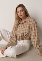 Beżowa Krótka Bawełniana Koszula w Kratę z Marszczeniem Wenatia. Brązowe koszule damskie Born2be, m, bez wzorów, z bawełny, bez kołnierzyka, bez ramiączek. Za 109.99 zł.