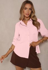 Różowa Koszula Ozdobiona Podwijanymi Rękawami Doviraella. Czerwone koszule damskie Renee, l, bez wzorów, z jeansu, eleganckie, bez kołnierzyka, bez ramiączek. Za 59.99 zł.