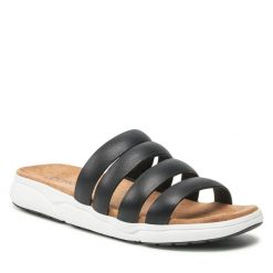 Klapki Caprice. Czarne klapki damskie Caprice, bez wzorów, bez obcasa, bez zapięcia. Za 229.99 zł.
