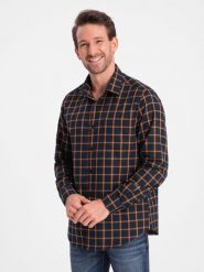 Męska flanelowa koszula w kratę SLIM FIT - granatowo-pomarańczowa V1 OM-SHCS-0145 - XXL. Niebieskie koszule męskie Ombre Clothing, l, bez wzorów, z bawełny, bez kołnierzyka, bez ramiączek. W wyprzedaży za 49.99 zł.