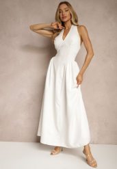 Biała Rozkloszowana Sukienka Halter z Wiązaniem i Odkrytymi Plecami Senicce. Białe sukienki damskie Renee, na imprezę, m, bez wzorów, eleganckie, bez kołnierzyka, bez ramiączek, maxi, rozkloszowane. Za 99.99 zł.