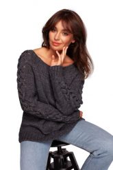 Sweter z Grubym Warkoczem na Rękawach - Szary. Szare swetry nierozpinane damskie MOE, l, bez wzorów, z materiału, bez kołnierzyka, bez ramiączek. Za 204.58 zł.