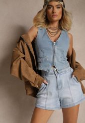 Niebieskie Szorty Jeansowe z Bawełną High Waist i Przeszyciami Tiledia. Niebieskie szorty damskie Renee, bez wzorów, z bawełny, klasyczne, z podwyższonym stanem. Za 74.99 zł.