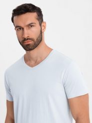 Klasyczna męska bawełniana koszulka z dekoltem w serek BASIC – jasnoszara V23 OM-TSBS-0237 - XXL. Szare t-shirty męskie Ombre Clothing, l, bez wzorów, z bawełny, bez kołnierzyka, bez ramiączek. W wyprzedaży za 39.99 zł.
