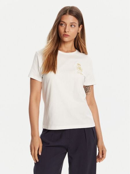 Tommy Hilfiger T-Shirt Gold Crest WW0WW46153 Biały Regular Fit. Białe t-shirty damskie Tommy Hilfiger, xl, bez wzorów, z bawełny, bez kołnierzyka, bez ramiączek. Za 159.99 zł.