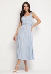 Niebieska Sukienka Rozkloszowana na Ramiączkach z Paskiem Nevirana. Niebieskie sukienki damskie Born2be, l, bez wzorów, eleganckie, bez kołnierzyka, bez ramiączek, midi, rozkloszowane. Za 159.99 zł.