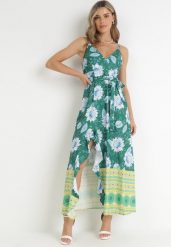 Ciemnozielona Sukienka Maxi na Cienkich Ramiączkach i Materiałowym Paskiem Adakila. Zielone sukienki damskie Born2be, m, bez wzorów, z materiału, eleganckie, bez kołnierzyka, bez ramiączek, maxi. Za 64.99 zł.