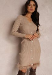 Beżowa Sukienka z Prążkowanej Dzianiny z Piórami Euryleia. Brązowe sukienki damskie Renee, na co dzień, bez wzorów, z dzianiny, eleganckie, bez kołnierzyka, bez ramiączek, midi, dopasowane. Za 169.99 zł.