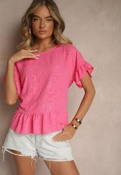 Fuksjowa Bluzka Oversize Ozdobiona Falbanami Liriele. Czerwone bluzki damskie Renee, bez wzorów, z jeansu, bez kołnierzyka, bez ramiączek. Za 49.99 zł.