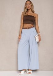 Jasnoniebieskie Spodnie o Szerokim Kroju High Waist Ozdobione Paskiem Rasalle. Niebieskie spodnie materiałowe damskie Renee, z aplikacjami, z jeansu, eleganckie, z podwyższonym stanem. Za 59.99 zł.