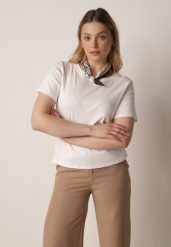 Biały Bawełniany T-shirt z Satynową Apaszką Cloud. Białe t-shirty damskie Born2be, l, bez wzorów, z bawełny, biznesowe, bez kołnierzyka, bez ramiączek. Za 59.99 zł.