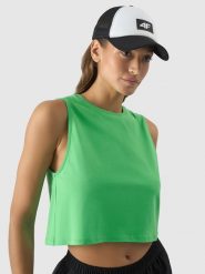 4F Crop-top oversize gładki damski - zielony XS. Zielone topy damskie 4F, xs, bez wzorów, z bawełny, sportowe, bez kołnierzyka, bez ramiączek. W wyprzedaży za 29.99 zł.