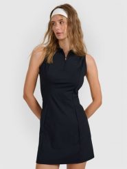 4F Sukienka tenisowa damska - czarna L. Czarne sukienki damskie 4F, na co dzień, l, bez wzorów, z dzianiny, sportowe, bez kołnierzyka, bez ramiączek, dopasowane. W wyprzedaży za 59.99 zł.