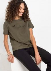 T-shirt z czystej bawełny z nadrukiem. Niebieskie t-shirty damskie bonprix, bez wzorów, z bawełny, bez kołnierzyka, bez ramiączek. Za 39.99 zł.