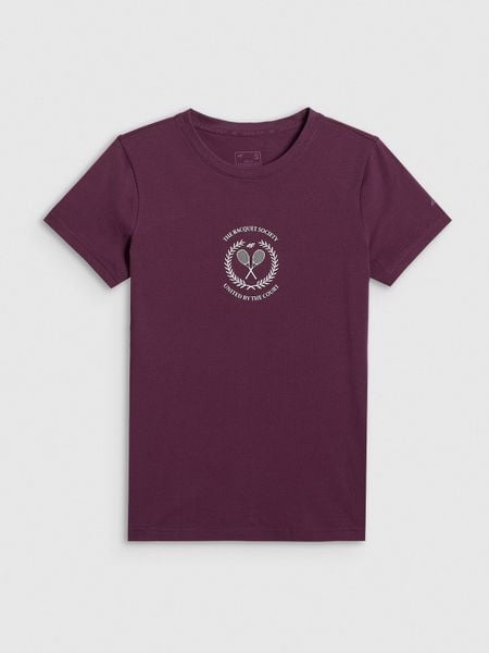 4F T-shirt slim z nadrukiem damski - czerwony XS. Czerwone t-shirty damskie 4F, uniwersalny, bez wzorów, z bawełny, bez kołnierzyka, bez ramiączek. Za 59.99 zł.